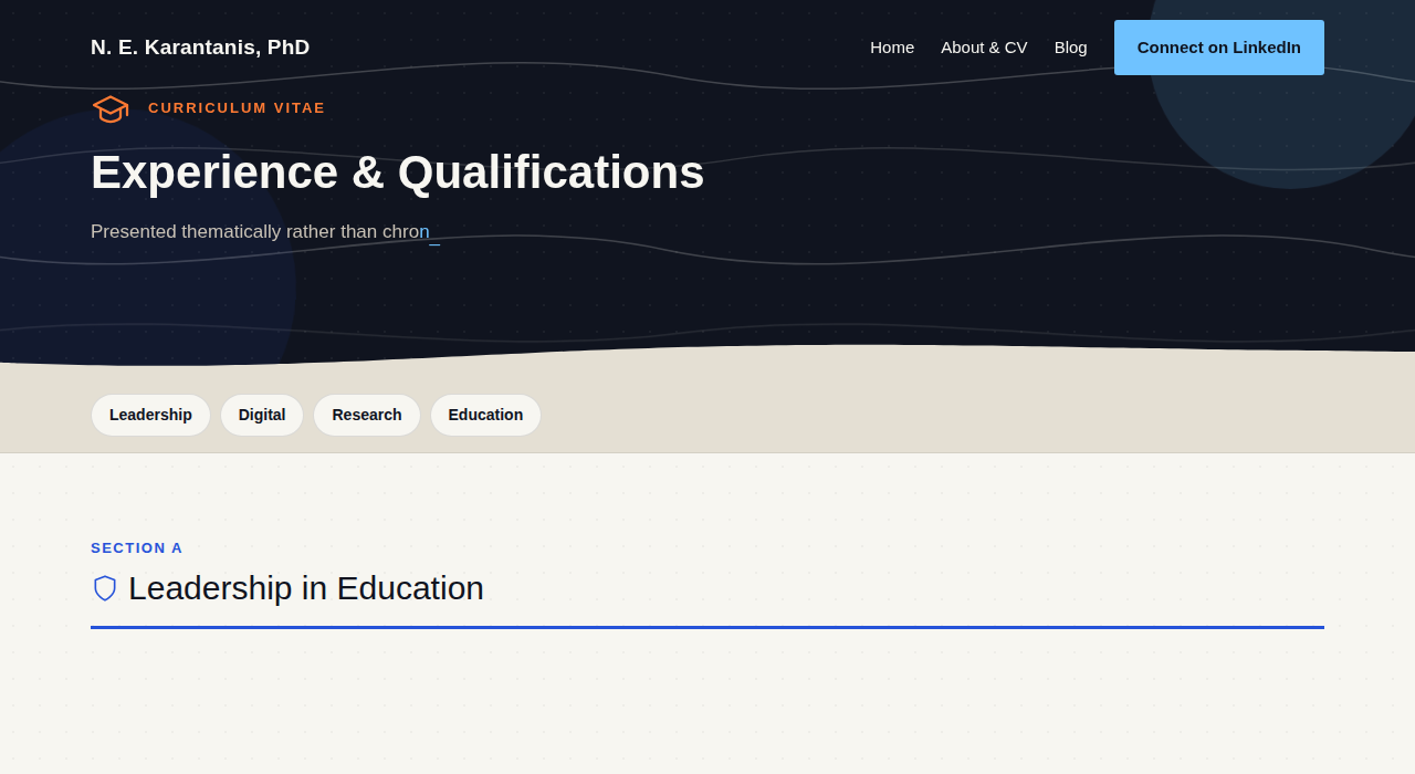 About page header showing two decorative blobs and the section jump-nav