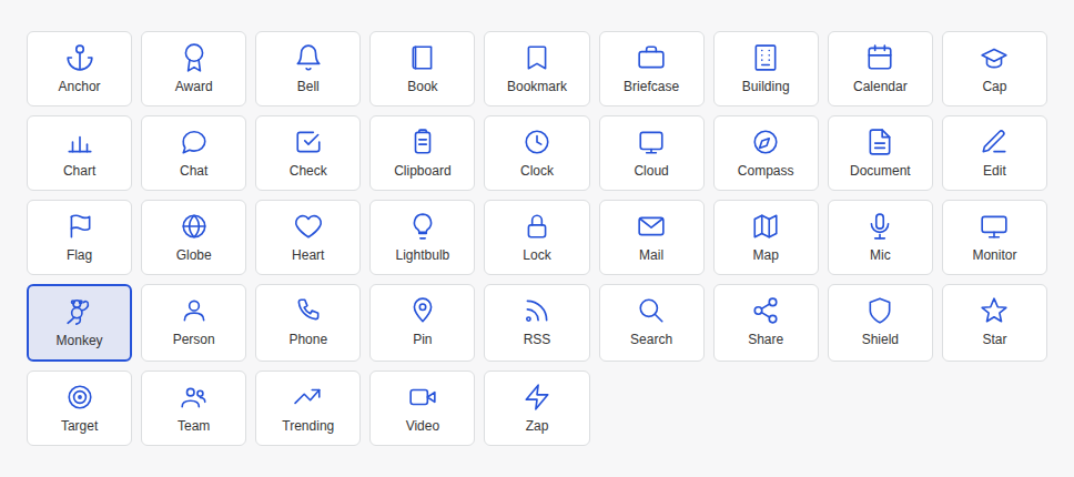The icon picker widget showing a grid of 41 selectable icons, with Monkey selected