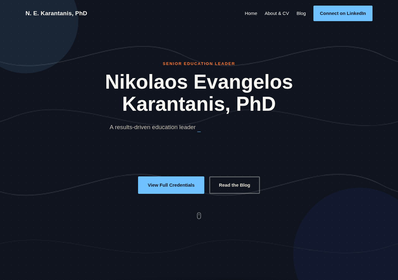 Home page hero header showing the dark-dotted background, contour lines, two blobs, and wave divider