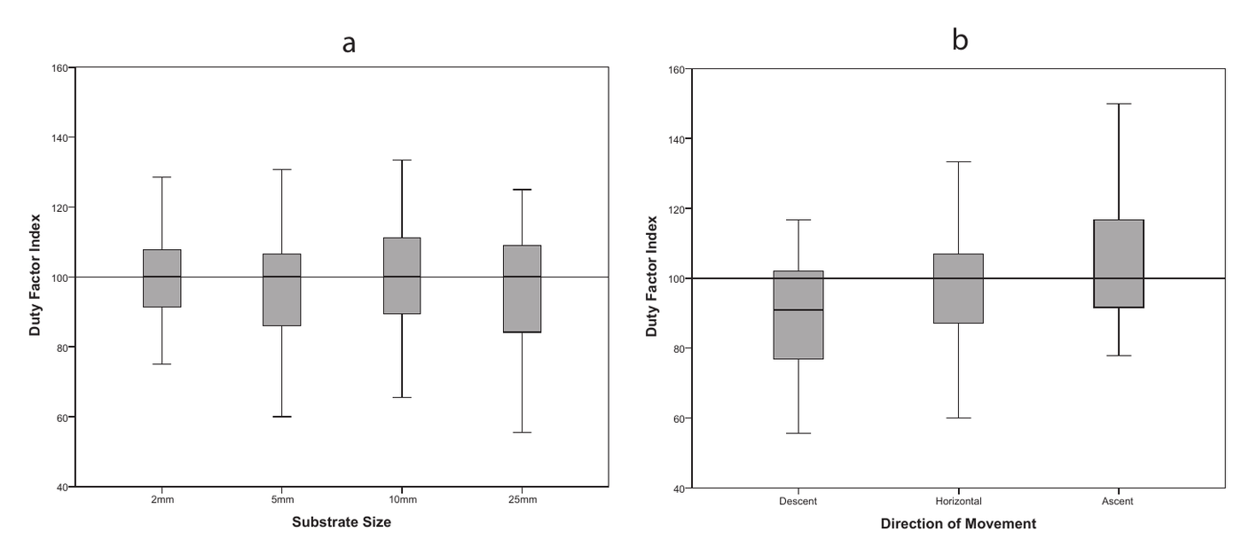 Two boxplots of duty factor index, one grouped by substrate size and one grouped by direction of movement