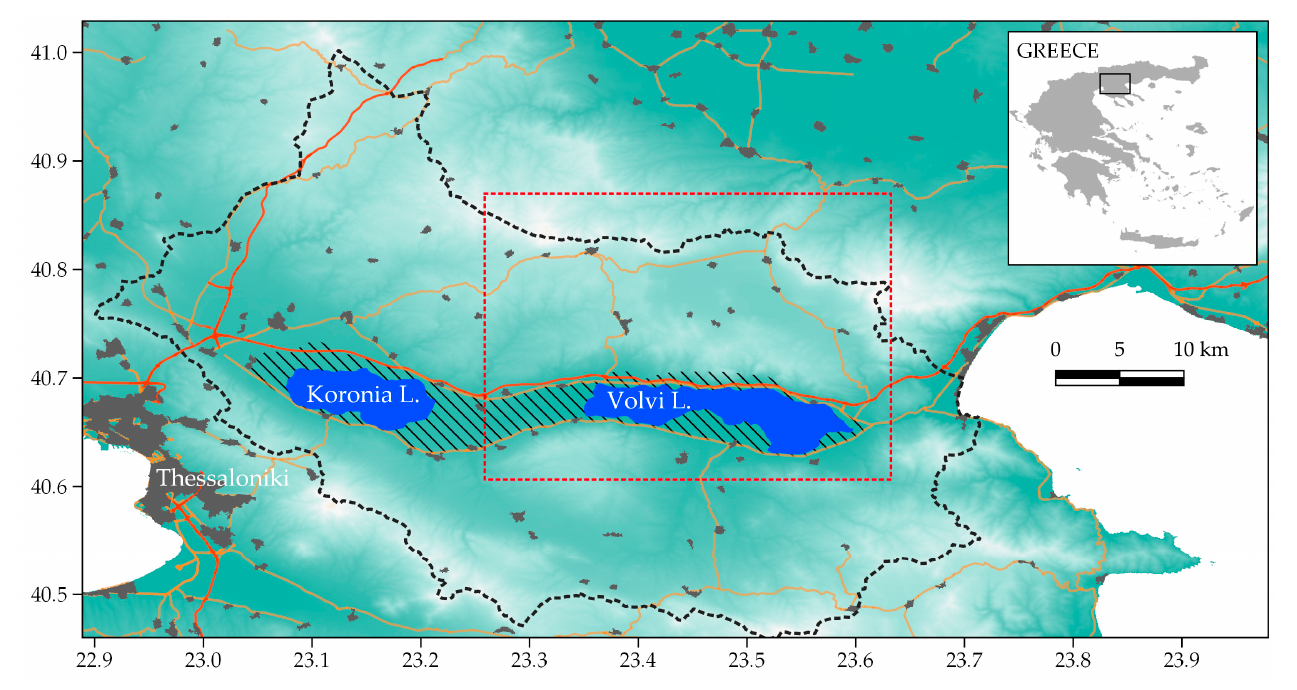 Map depicting the boundary of the Koronia-Volvi lakes National Park and its core zone
